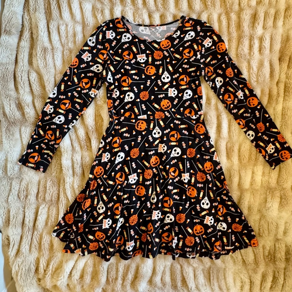 The Children's Place Black Halloween Skater Dress with Orange & White Print